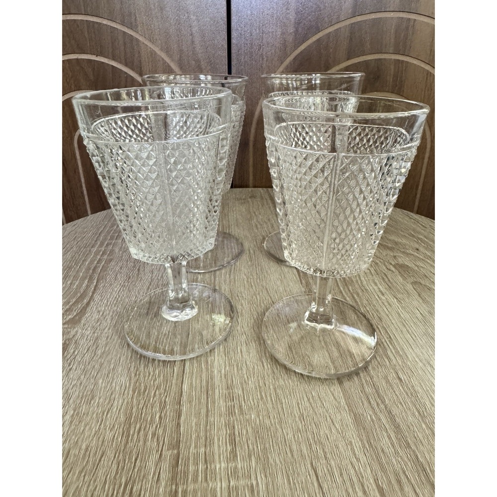 4 Vtg Fostoria Diamond Point HFM Crystal Glasses Wine Goblets 1960s 6 sided